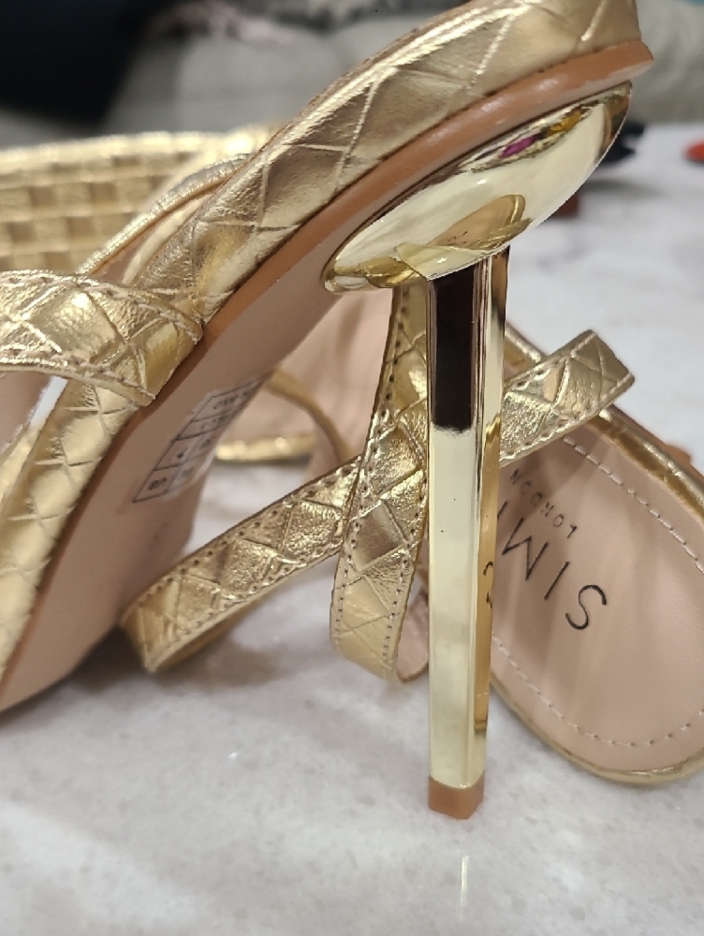 Women's Metallic Gold Quilted Strappy Stiletto Sandals - Picture 9 of 10